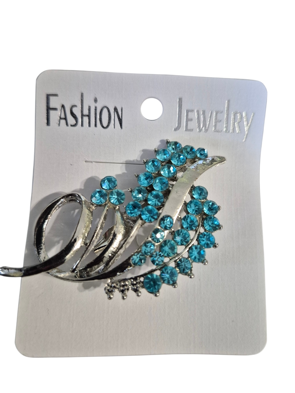 Fashion Jewelry Silver-Tone Brooch with Aqua Blue/Teal Crystals - Picture 1 of 1